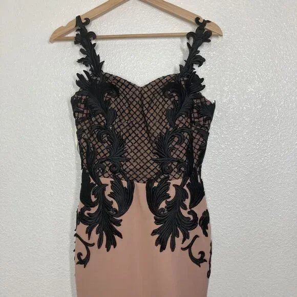 Portia & Scarlett Y2K Dress Small Nude Black Embroidered Fitted Gown Formal - Picture 3 of 13